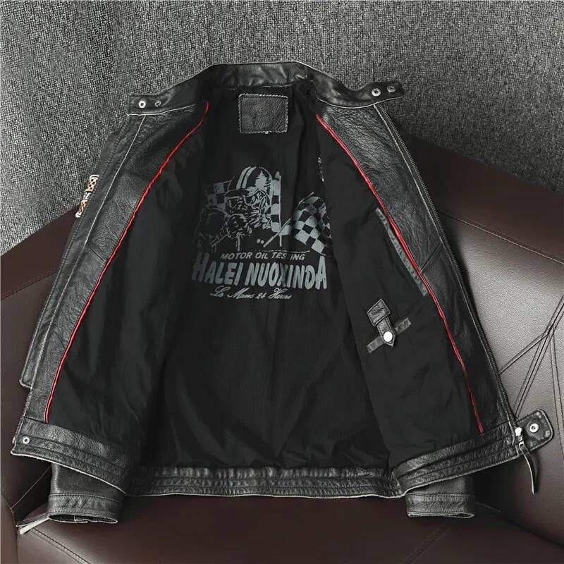 2025 Slim Biker Vintage Gray Spring Autumn Cowhide Coats Motorcycle Genuine Leather Jacket For Men Style Plus Size