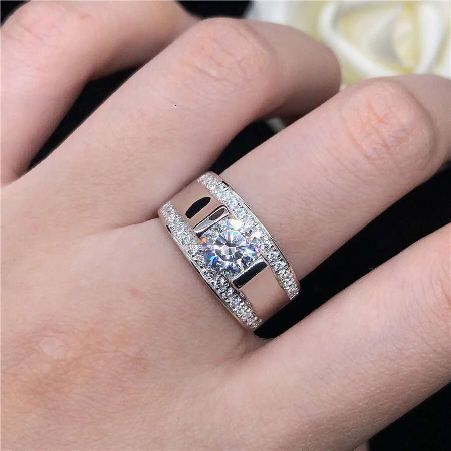 Popular Solid 18k White Gold AU750 Ring 1CT Diamond Engagement Ring For Man Perfect Valuable Birthday Gift For Boy Friend