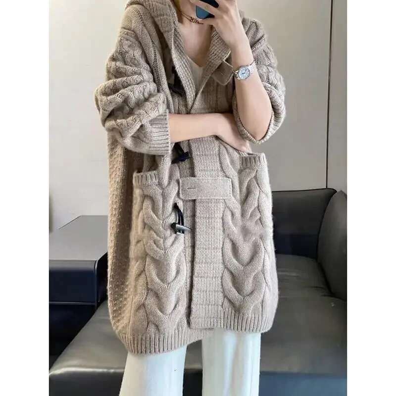 Women's Long Loose Hooded Cardigan Cashmere Sweater Knit Coat Thick Horn Button For Lazy Wind Fall Winter