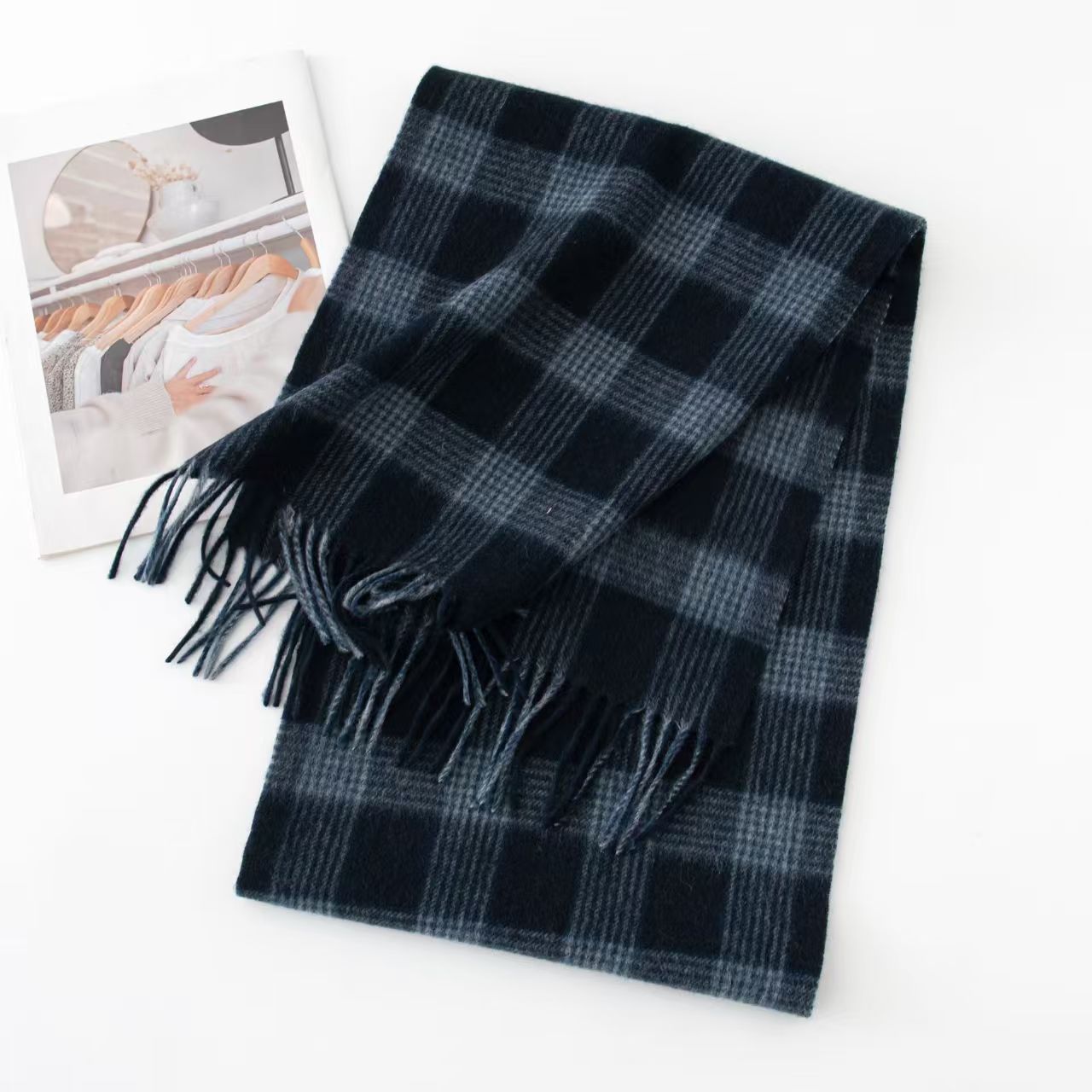 T866 New Autumn and Winter Plaid Wool Scarf Women's Versatile Tassel Fashion Warm Neck Comfortable 100% Real Wool Scarf