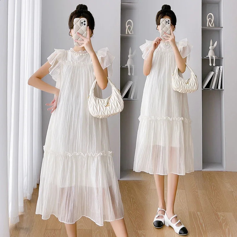 Sweet Pregnant Womens A-line Dress Ruffle Sleeves Beading Collar Maternity Ball Gown Dress Light Weight Princess Fashion Dress 250530
