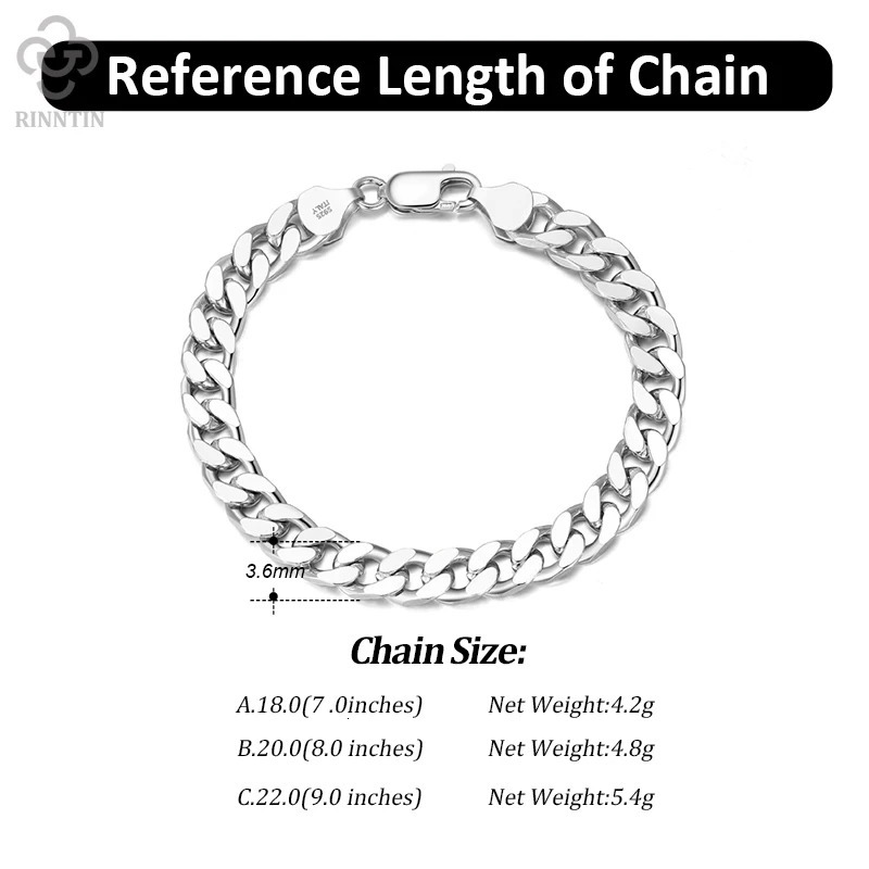 Rinntin 925 Sterling Silver 3.6/5/7mm Width Solid Diamond-Cut Cuban Link Curb Chain Bracelet for Men Women Jewelry SB104 250530