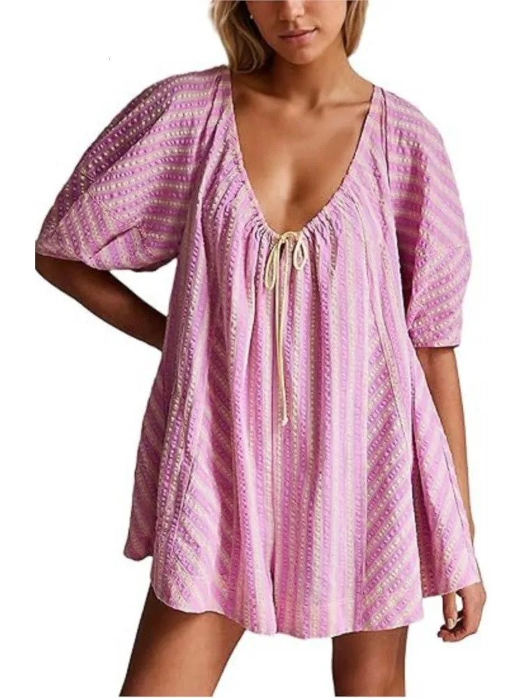 Summer Beach Rompers For Women Casual Loose Striped Puff Short Sleeve Adjustable Neck Wide Leg Shorts Jumpsuit With Pockets 250528