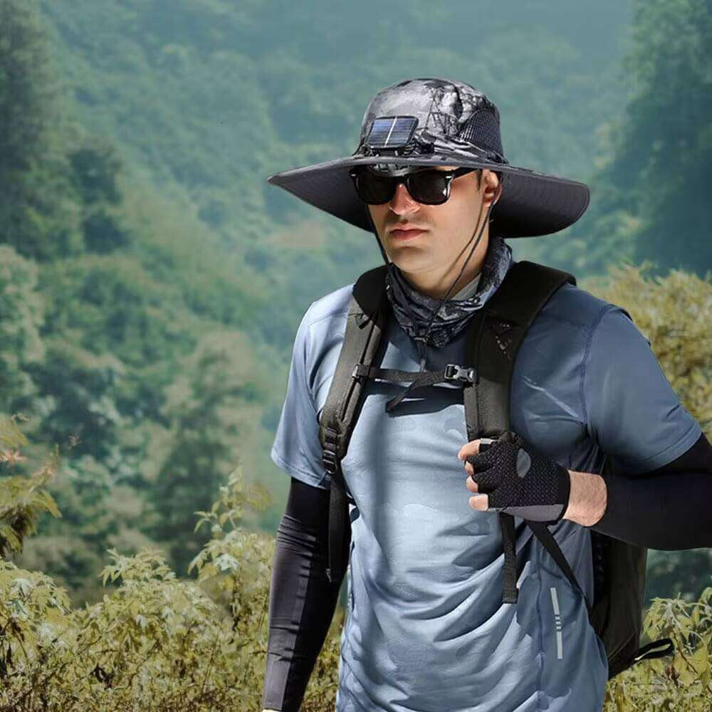 Summer Outdoor Men Wide Brim Sun Hiking Fishing Bucket USB Charging Solar Powered Fan Cooler Hat