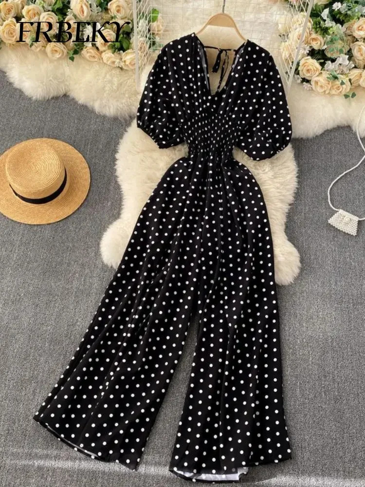 Jumpsuit Women Summer Temperament Polka Dot V-neck High Waist Casual Wide Leg Jumpsuit Elegant Party One Piece Jumpsuits 250530