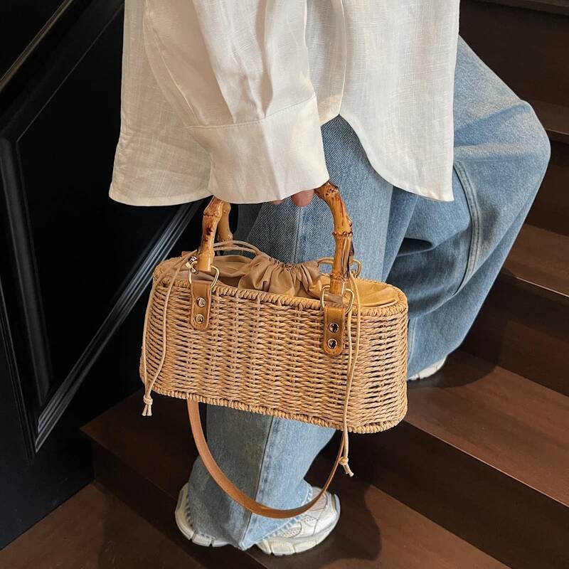 2025 New Summer Handmade Women's Vine Weaving Handbag Retro Bamboo Handle Handbag Designer Women's Bohemian Straw Weaving Beach Shoulder Bag