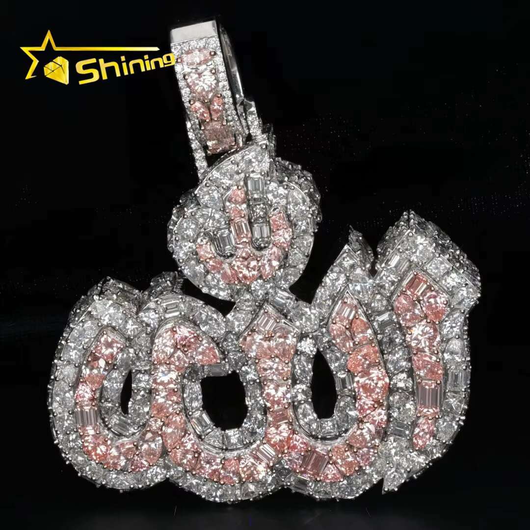 Custom Made 925 Sterling Silver Fire Allah Pendant Hip Hop Jewelry Pink Mix White Diamond Rapper Style Fancy Charm 3D Pendant