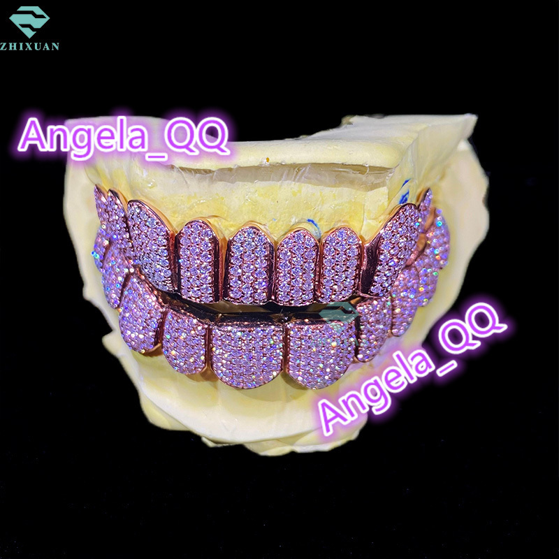 Honeycomb Custom VVS Moissanite Grillz Round Perm Cut 18k Rose Gold Plated VVS Diamond Hip Hop Iced Out Jewelry Grillz