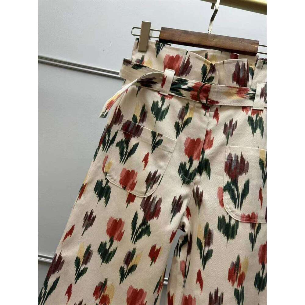 Women Lace-Up Ruffles High Waist Pants Cotton Colorful Printing Straight Casual Lady Loose Long Trousers 2025 Spring Summer