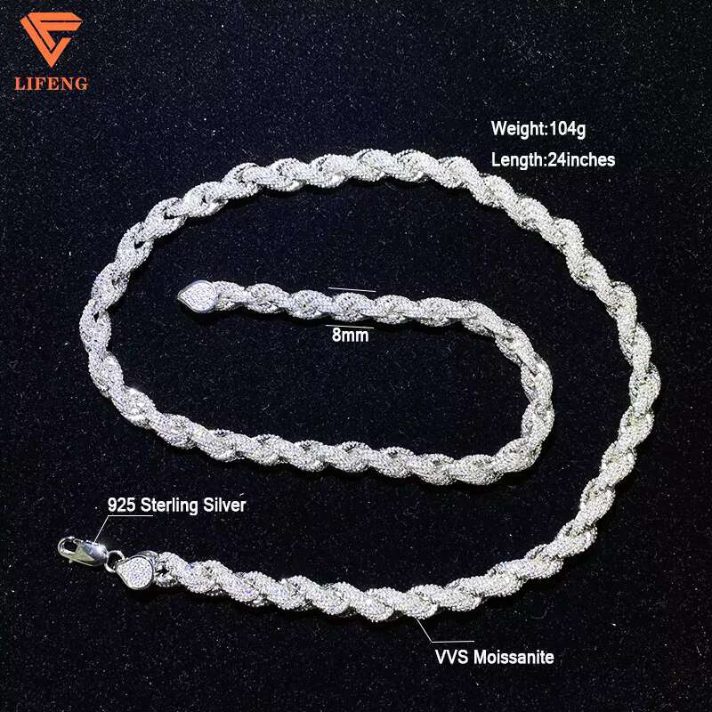 Custom 8mm Rope Chain DVVS Moissanite Diamond Sterling Silver 925 White Gold Plated Rope Chain Fine Jewelry Necklace for Women
