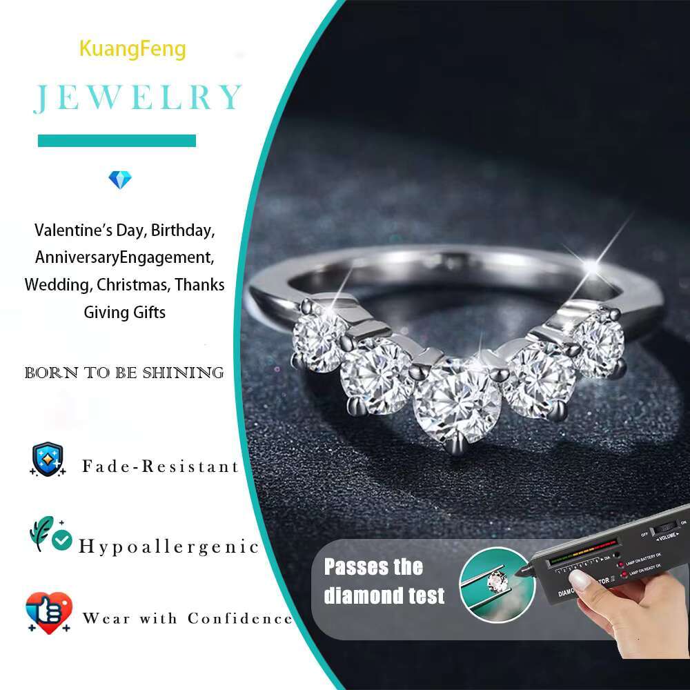 Hot Sale Five Stone Moissanite Ring 925 Sterling Silver Elegant Band Classic Style Wedding Engagement Jewelry for Women