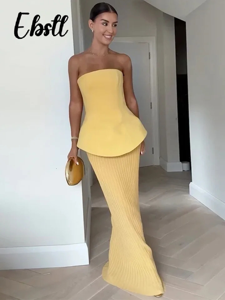 Elegant Strapless Top Skirts Set Women Slim Backless Sleeveless Tops High Waist Pleated Skirt 2025 Spring Lady Solid Outfits 250530