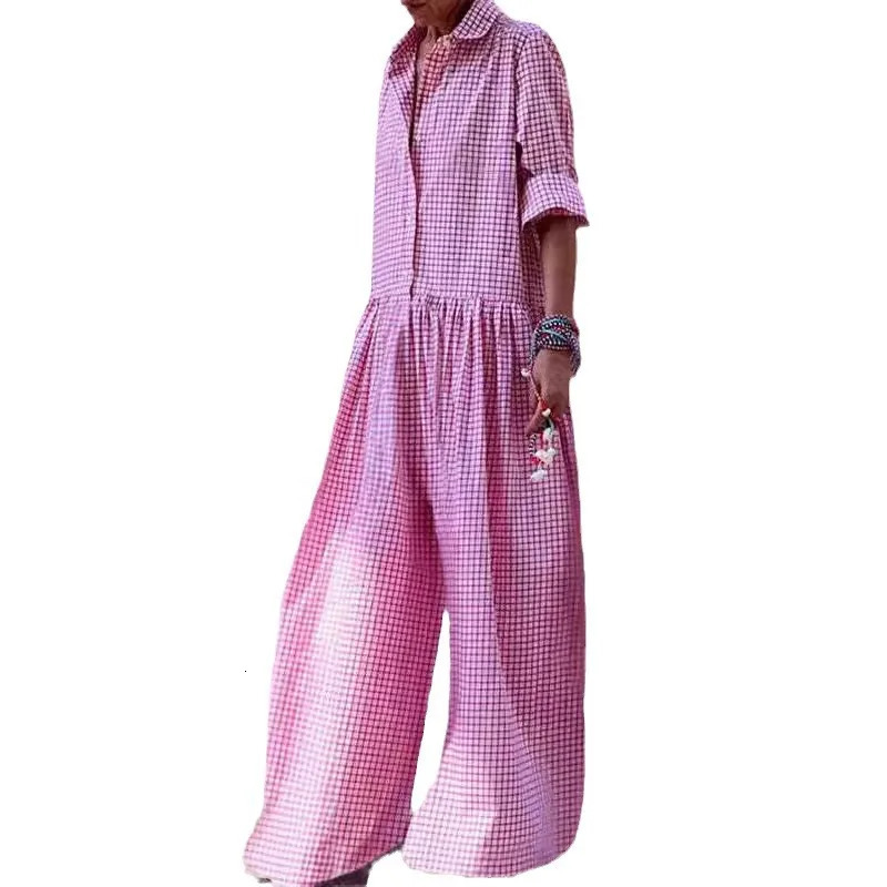 Loose Casual Plaid Print Jumpsuit Fashion Lapel Single Breasted Half Sleeved Wide Leg Jumpsuit Spring Summer Fashion Lady 250528