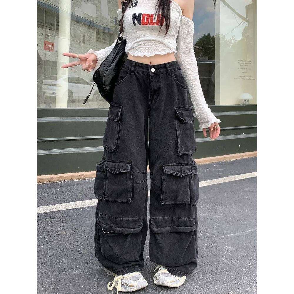 Trashy Y2k 2000S Streetwear Washed Black Baggy Jeans Cargo Pants For Women Clothes Multi Pockets Wide Leg Gothic Lady Trousers
