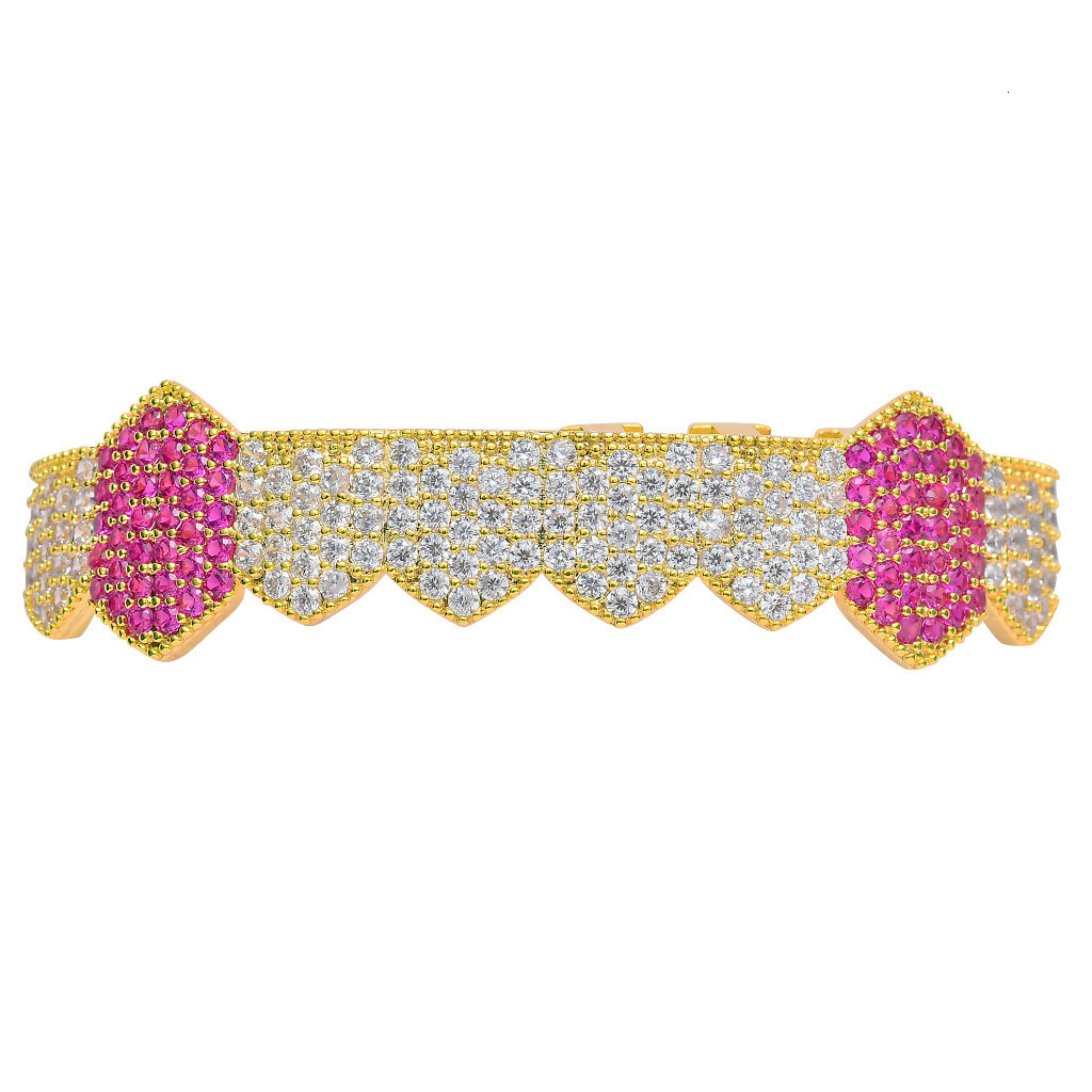 Hip hop 8 teeth inlaid with red Moissanite single row upper teeth gold set hiphop Grillz Vampire Fangs moissanite