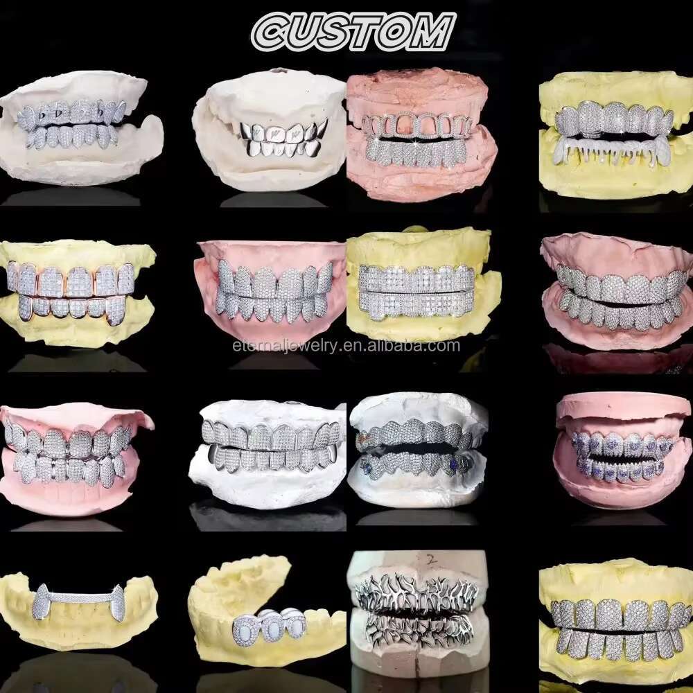 Custom Fashion Hip Hop Jewelry 925 Sterling Silver Iced Out VVS Diamond Round Cut Moissanite Teeth Grillz for Mens