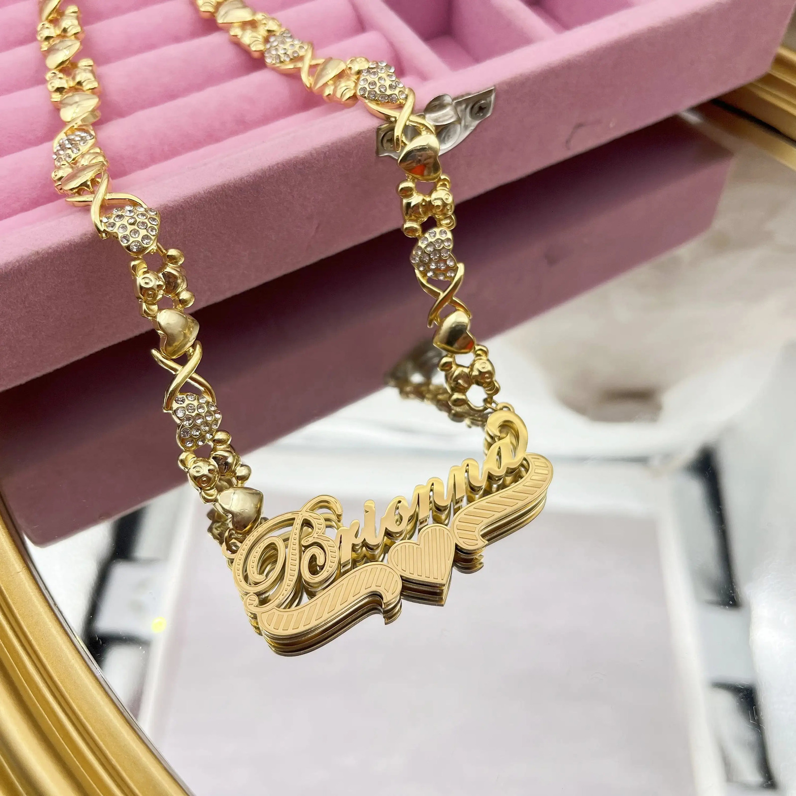 3D Double Plated Name Necklace Custom Name Necklace with Teddy Bear Personalized Nameplate Pendant Chain Gift For Women Kids 250529
