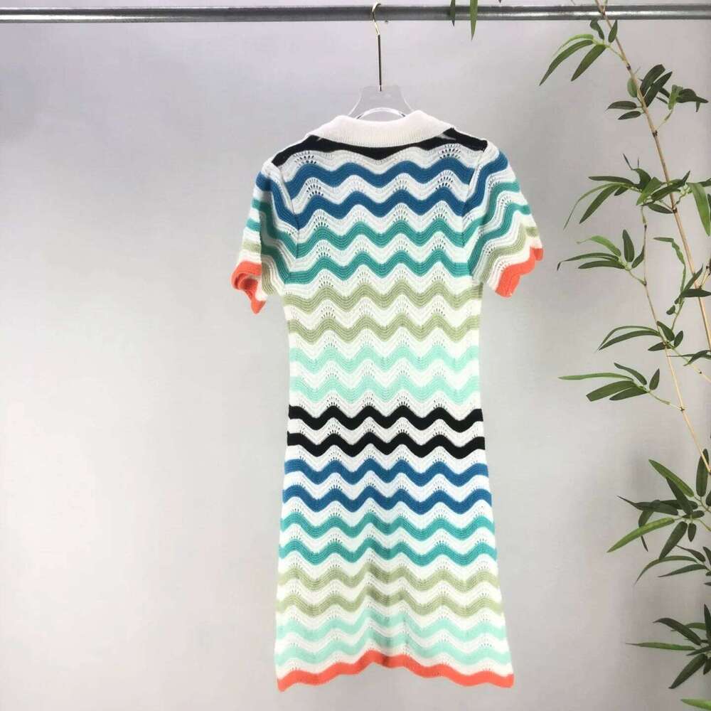 Summer Women's Clothing Versatile Sports Knitting Gradual Change Corrugated Jacquard Pattern Dress Short Sleeved Polo Collar
