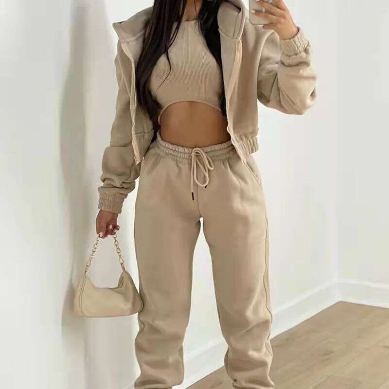 3 For Women Sexy Crop Top Pants With Coat Three Piece Sets Autumn Winter Casual Jaceks Sweatpants Sports Outfits