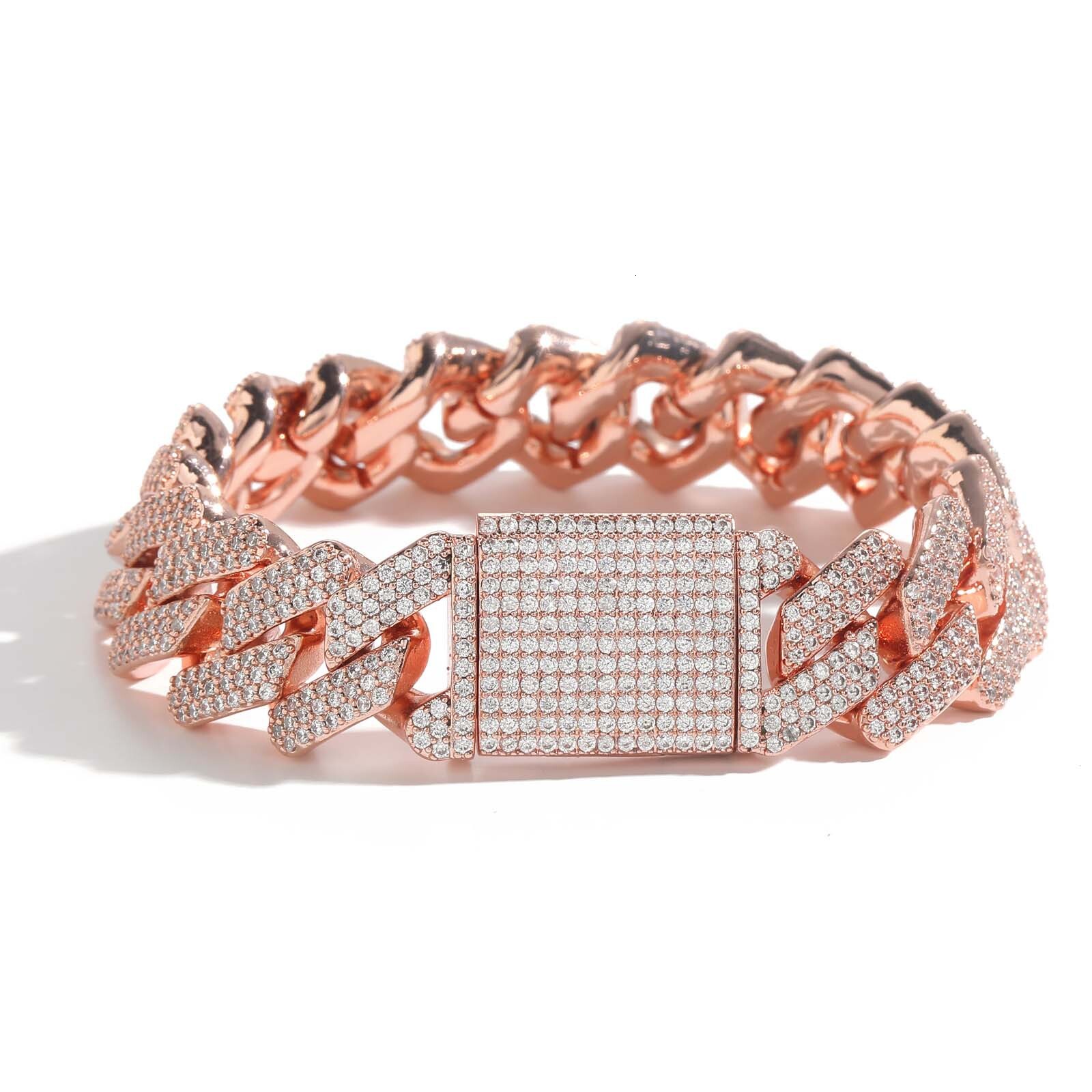 Bracelet Hip Hop 20MM Diamond Tri color Rose Gold Miami Bar Cuban Chain Hip Hop Mens Bracelet moissanite