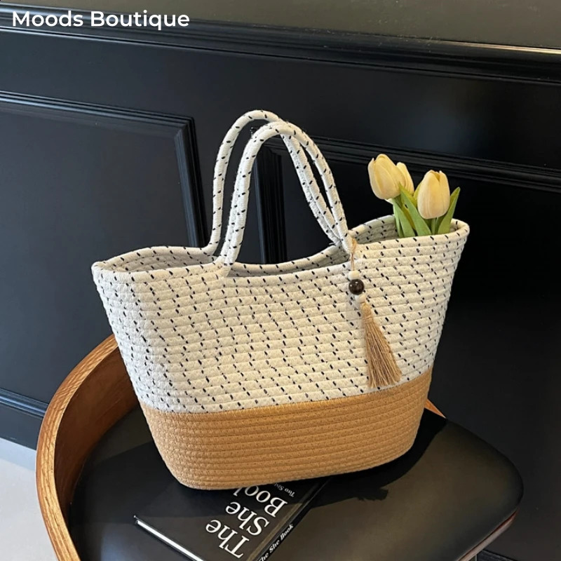 Quality Summer Beach Tote Bags For Women Cotton Rope Woven Contrast Color Large Capacity Shopper Shoulder Totes With Tassels 250530