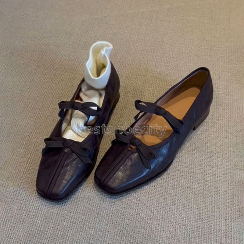 2025 ballet flats heels designer loafers Retro bow strappy Mary Jane shoes balck brown leather sandals daily comfort Soft Sole fashion Anti slip women