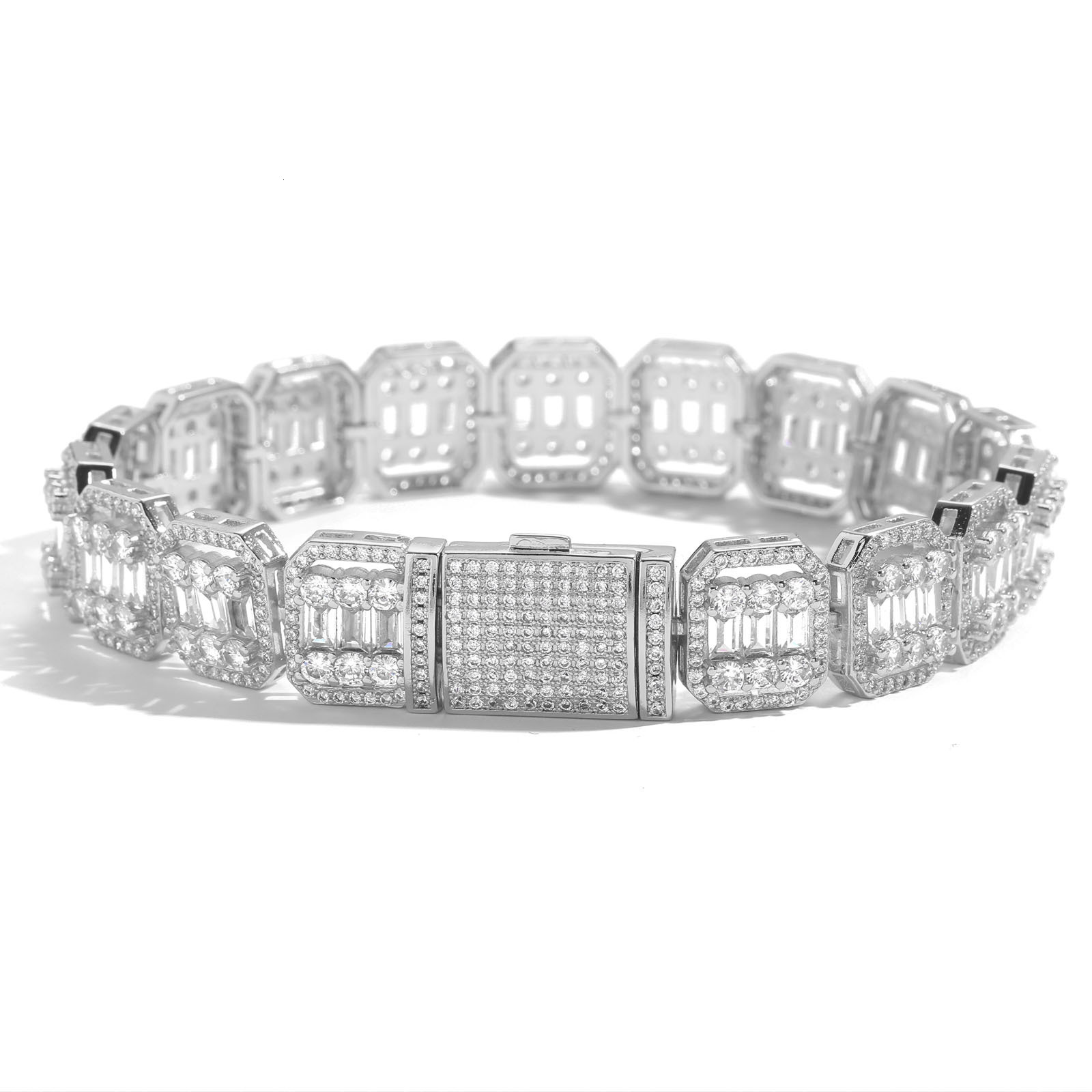 Hip Hop Mens Bracelet 13mm Wide Rock Sugar Chain Flip Cap Square Diamond Round Diamond Mixed Inlay Hollow Neck Chain Nine Palace Grid Chain moissanite