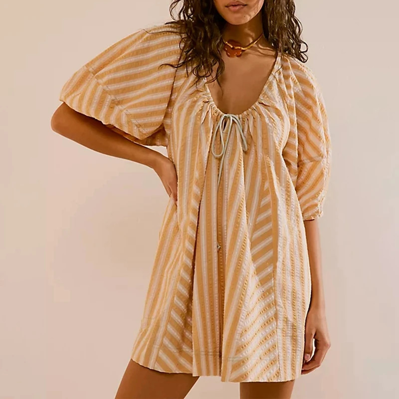 Women Summer Short Boho Jumpsuit Striped Half Sleeve V Neck Tie Up Playsuit Casaul Loos Fit Bodycon Female Overalls Outfits 250528