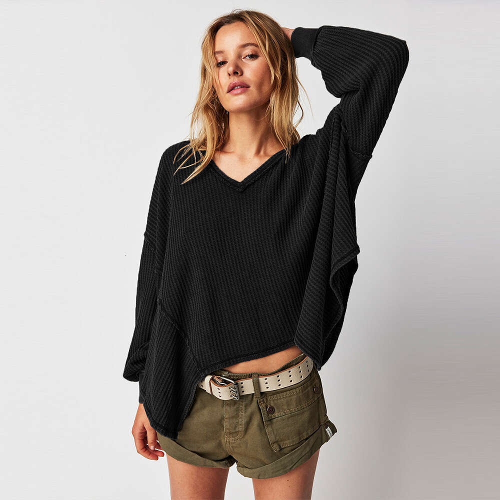 New Loose Fashion Women's Clothing Waffle V-neck Slimming Lazy Long Sleeve Top Autumn Winter Sweatshirt