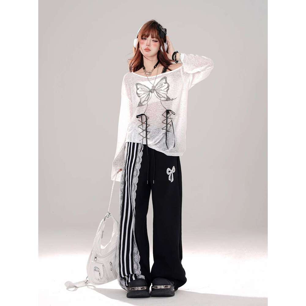 High Quality Hot Selling Wholesale Loose Lace Casual Women Wide Straight Leg Striped Drawstring Pants Streetwear