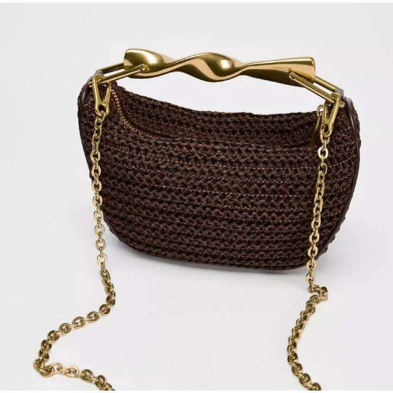 Summer Rattan Woven Crossbody Shoulder Bag,Half-Moon Beach Tote Bag,Women Designer Purse,Casual Metal Handle Straw Handbag