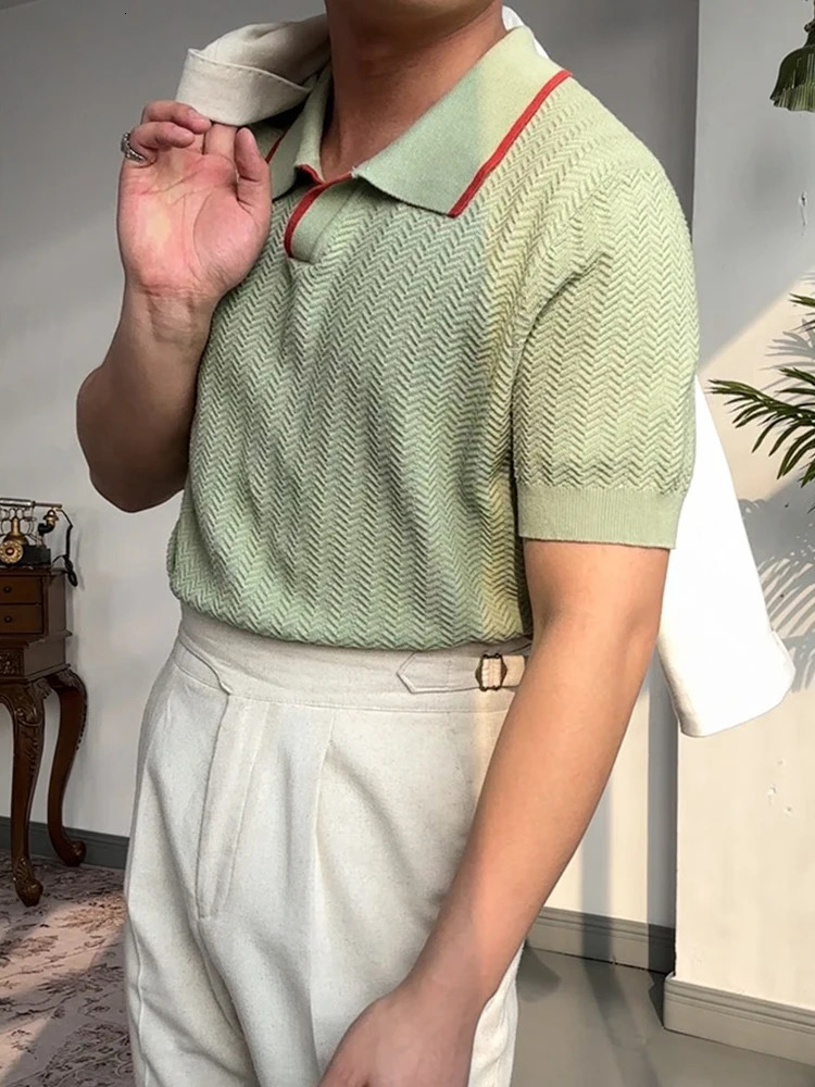 Knitting Thin Breathable Ice Silk Polo Shirt Mens Summer Trendy Striped Polo Collar Tops Men Casual Short Sleeve Slim Knit Polos 250526