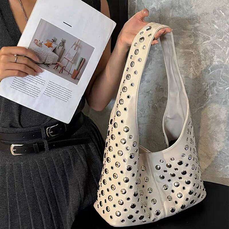 Fashion Punk Metal Rivet Bucket High Quality Underarm Shoulder Tote 2025 European And American New Trendy Motorcycle Bag