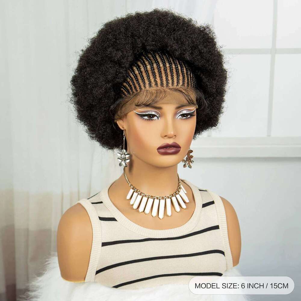6Inch Natural Afro Kinky Curly Synthetic Braided with Baby Hair Transparent Lace Front Cornrow Braids Wigs for Black Women