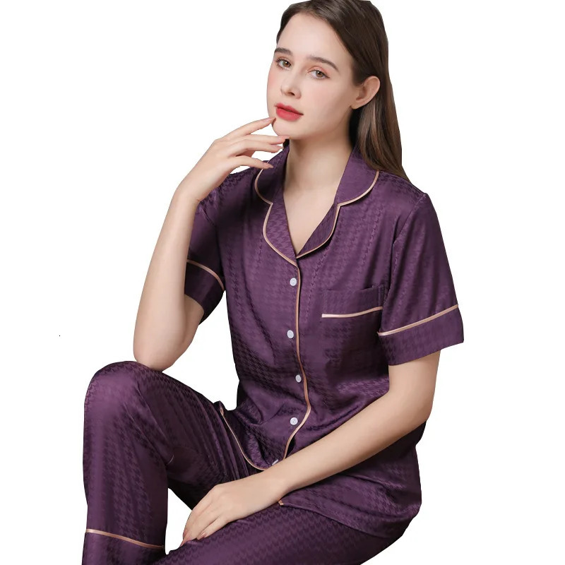 High Quality Couple Pajamas Suit Summer Short Sleeve Long Pant Home Cloth Men Ice Silk Thin Satin Large Size Sleepwear Set Women 250526