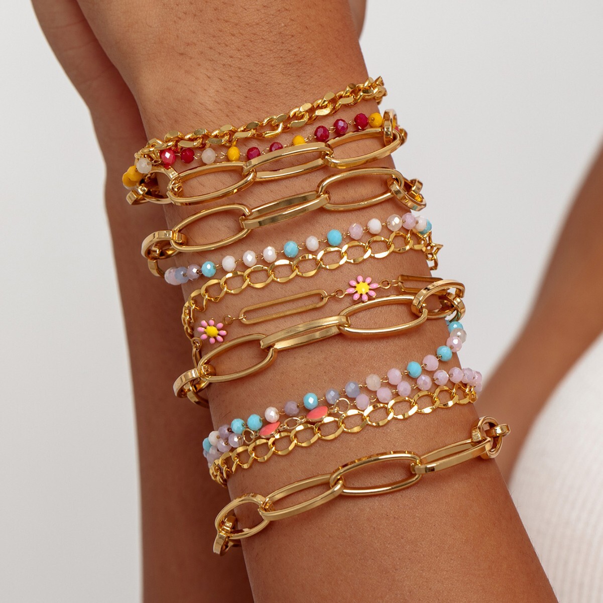 Stainless Steel Bohemian Minimalist Metal Women's Set of 5 Layered Chain Bracelets