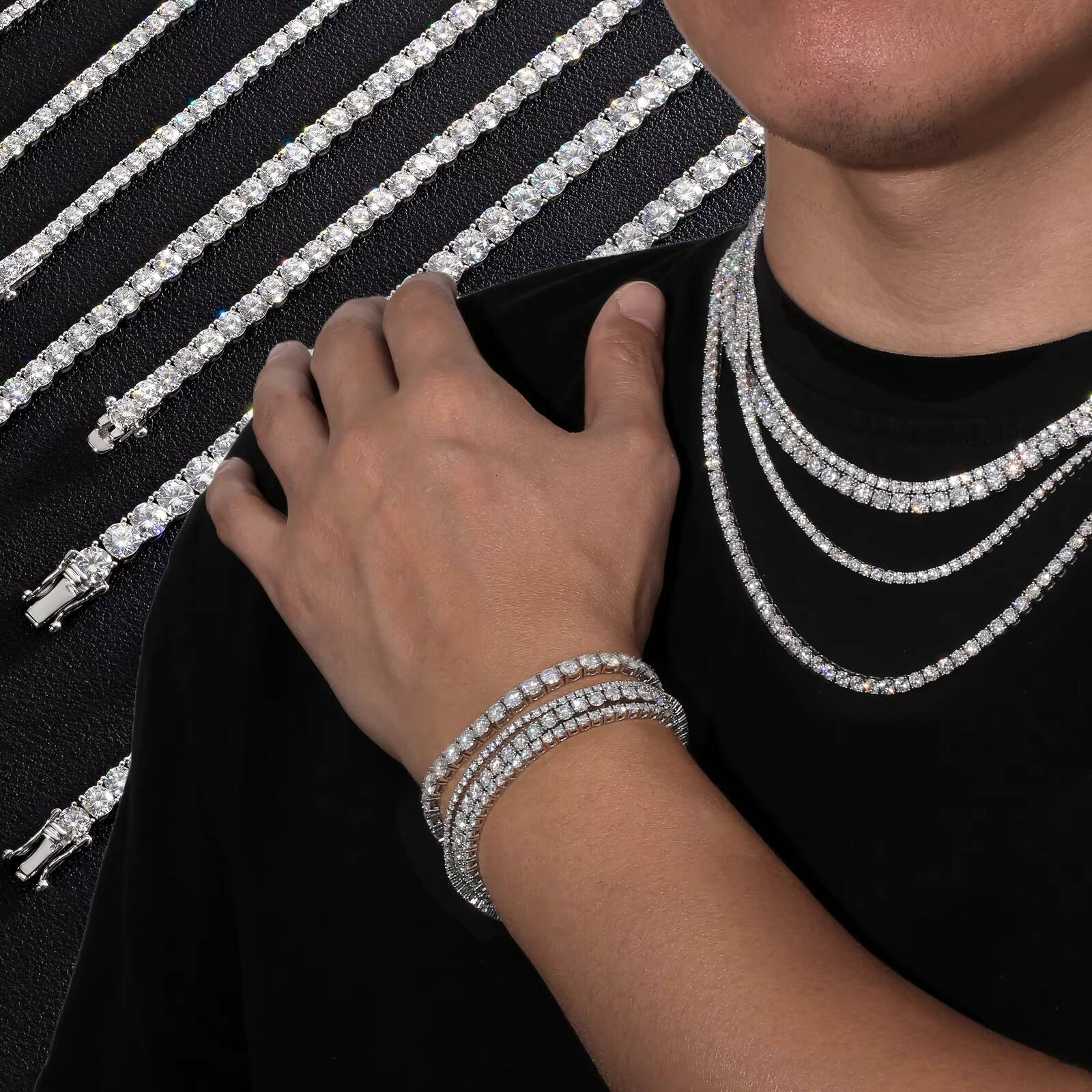 Moissanite Jewelry for Women and Men 2/3/4/5mm D Color VVS1 Round Cut 14k White Gold Plated Sterling Sier Tennis Bracelet