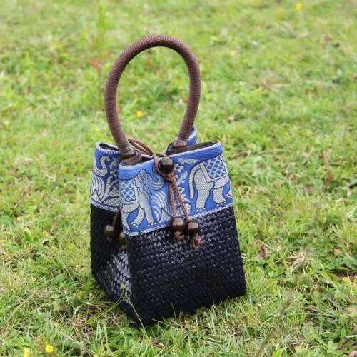 Rattan Handbag Vintage Distressed Straw Woven Mini tote Bucket Bag women clutch bag