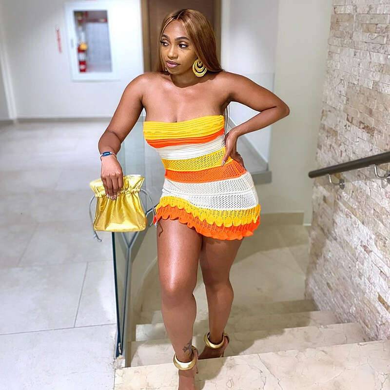 European and American Style Summer Women's Sexy Strapless Backless Color Block Lace Slim Fit Knitted Dress New Casual Fashion Trendy Clothing