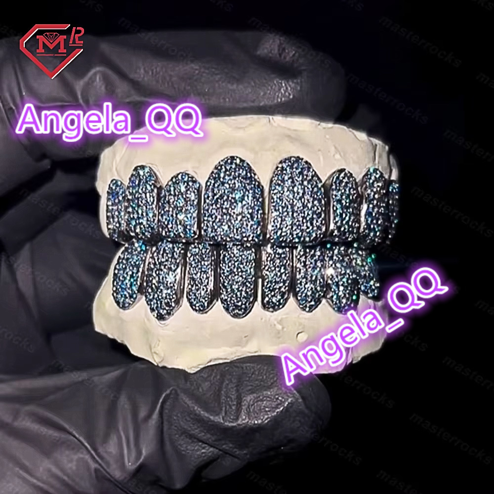 Best Shinning Blue Stones Teeth Grillz for Men 8 on 8 Permanent Cut Honey Comb 925 Silver Custom Iced Out Grillz