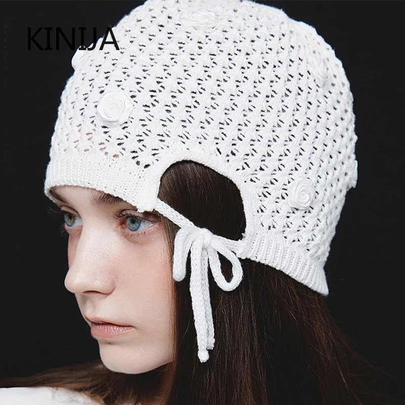 Korean Hand-crocheted Rose Knitted Hat Spring and Summer Simple Hollow Lace-up Temperament Beanie Cap 250530
