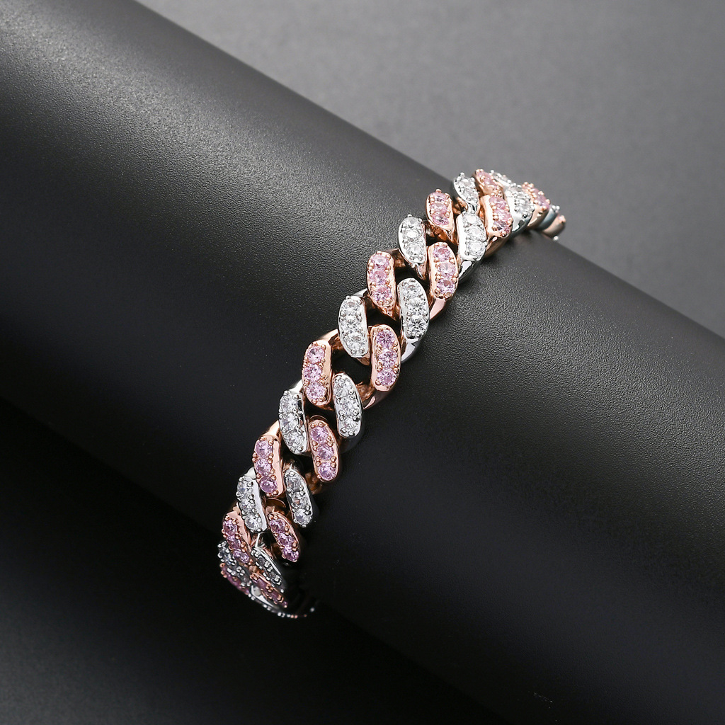 Hip hop hip hop Bracelet 12mm micro Set Pink Moissanite Cuban Bracelet hiphop accessories moissanite