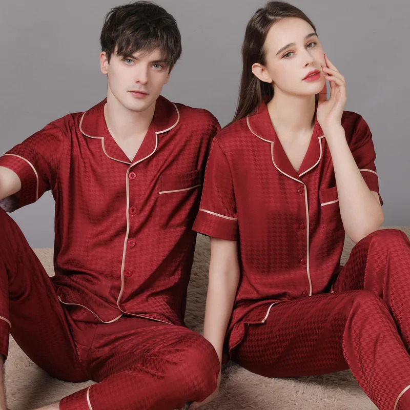 High Quality Couple Pajamas Suit Summer Short Sleeve Long Pant Home Cloth Men Ice Silk Thin Satin Large Size Sleepwear Set Women 250526