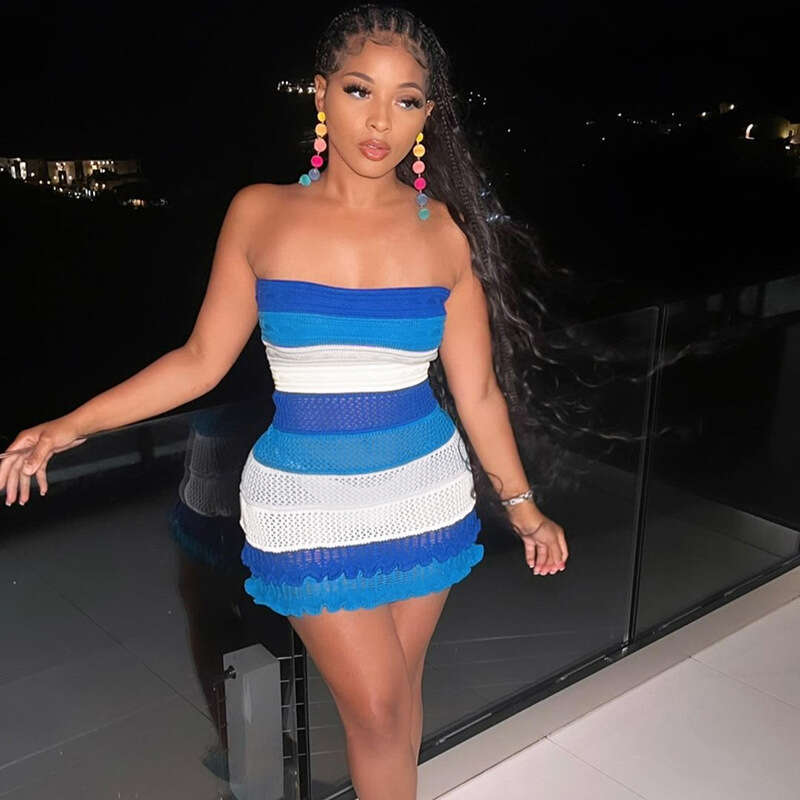 European and American Style Summer Women's Sexy Strapless Backless Color Block Lace Slim Fit Knitted Dress New Casual Fashion Trendy Clothing