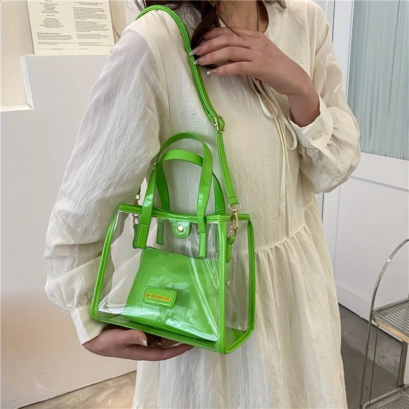 2Pcs Clear PVC Tote Bag Set Trendy Jelly Crossbody Bag Waterproof Summer Beach Bag With Inner Pouch 250530