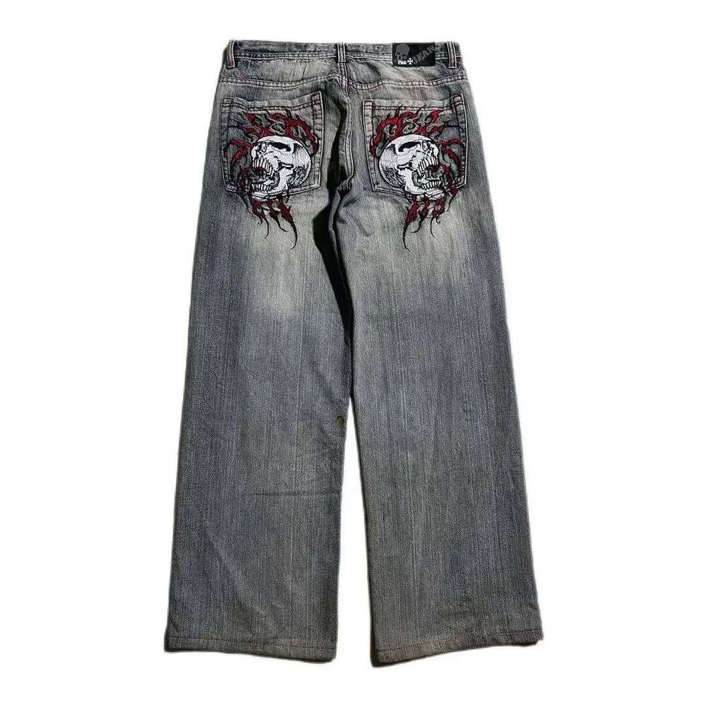 Y2k Gothic Heavy Industry Pocket Skull Embroidery Mid Rise Mens and Womens Haruku Streetwear Punk Casual Wide Leg Washed Jeans