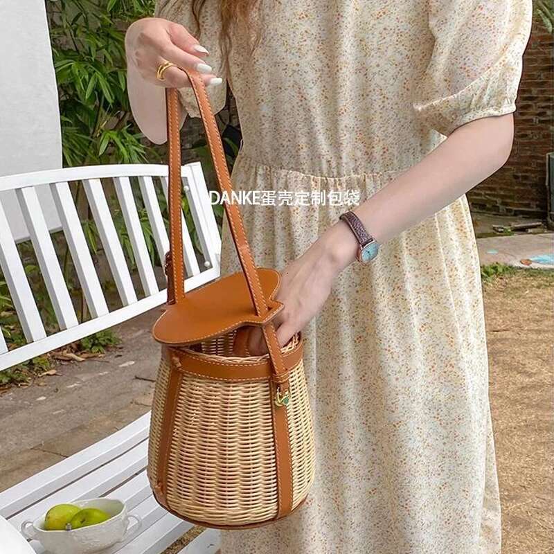 New Leather Women's Rattan Bucket Bag for women 2022 new handbags