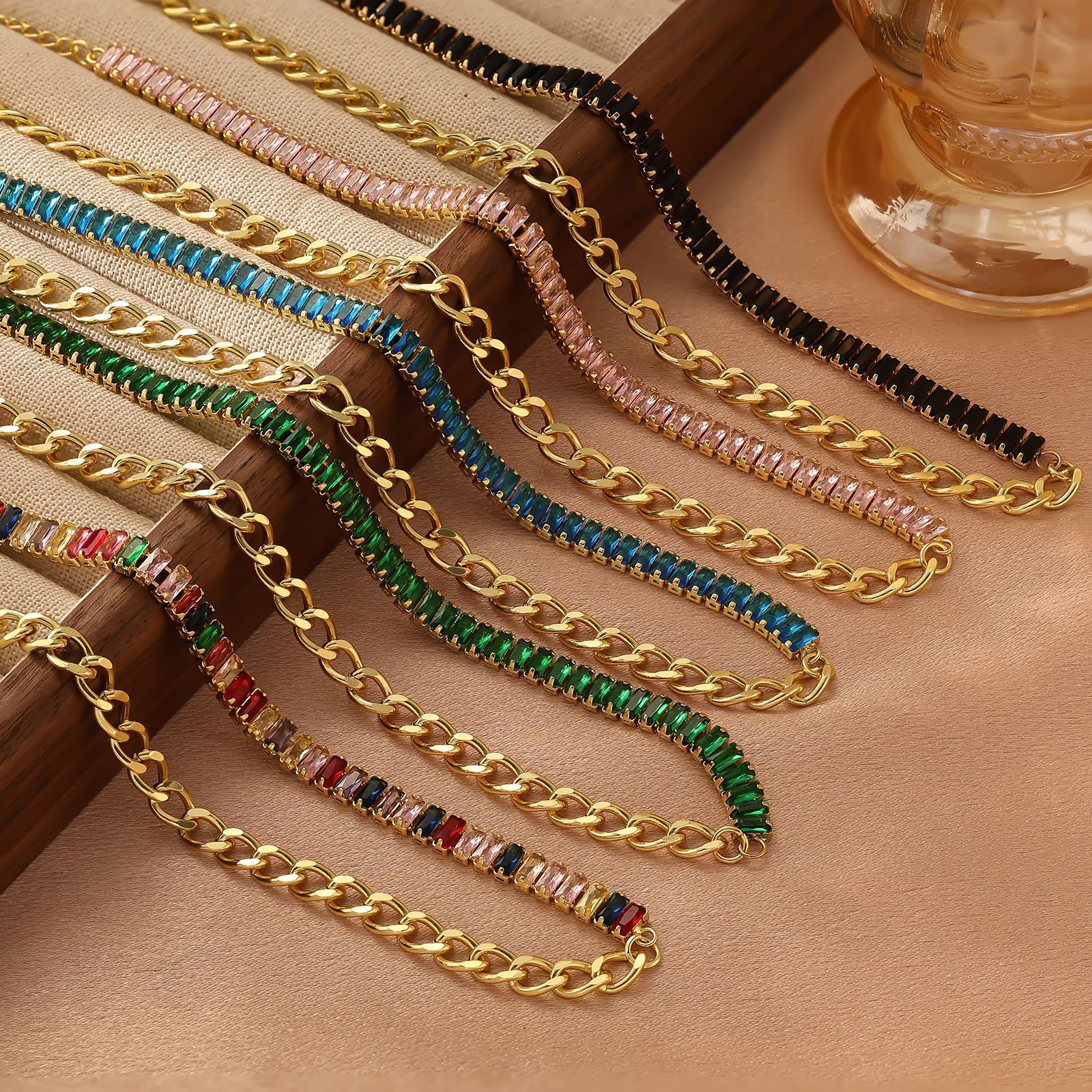 Minimalist Emerald Zircon Polished Cuban Necklace Simple Elegant Titanium Steel Vacuum Bracelet for Women