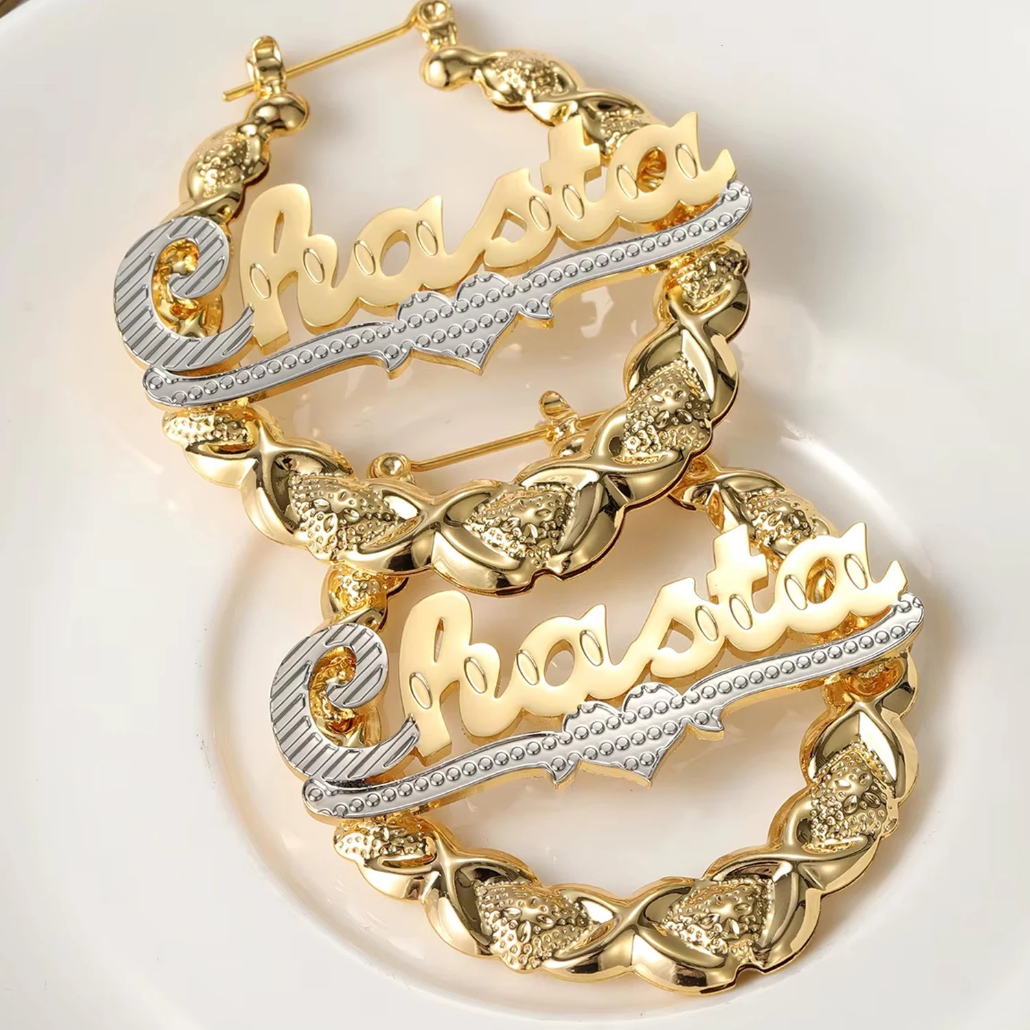 Qitian XOXO Hoop Name Earrings Custom Heart Names Earring Bamboo Earrings Nameplate Personalized XO Earrings For Women Gifts 250529