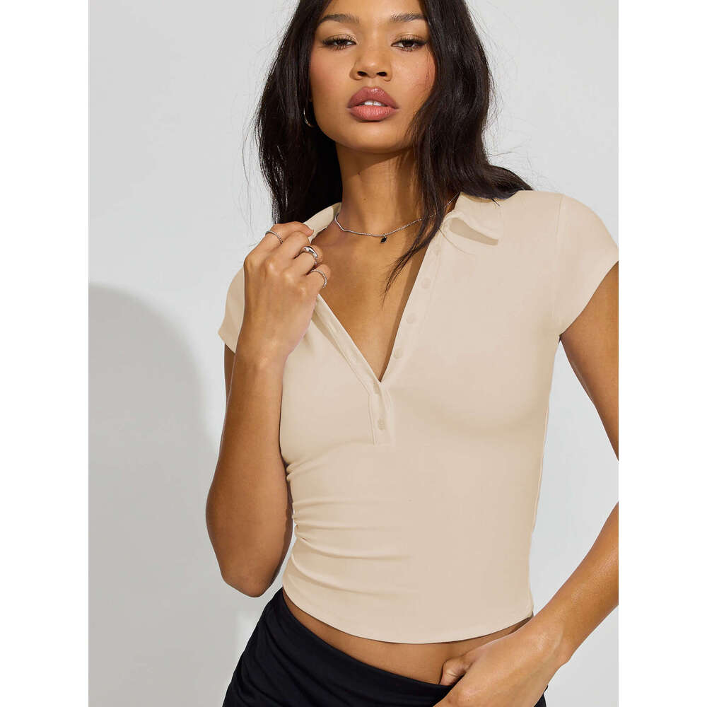 2025 Spring/Summer New Polo Collar Button Short Sleeve Slim Fit Sports Waist-Tied Versatile Top